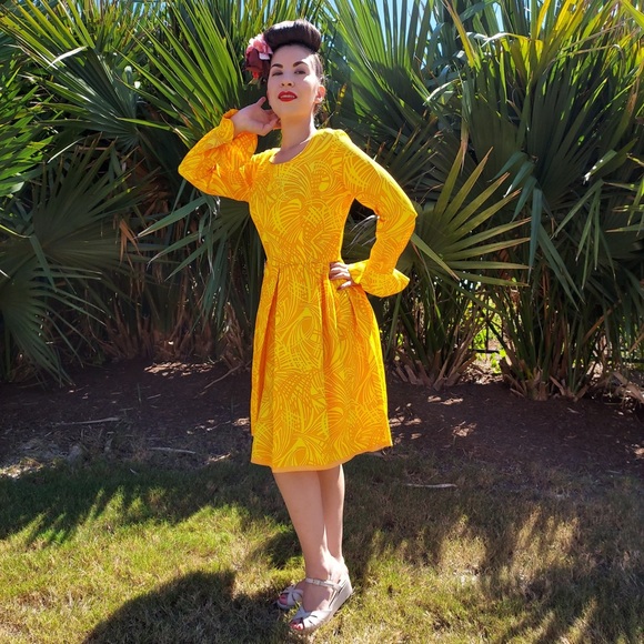 Vtg 60s Hawaiian VLV Novelty Abstract Palm Leaves Print GROOVY Day Dress Sz S/M - Picture 4 of 7